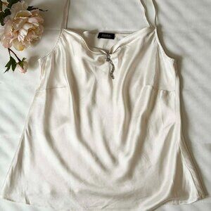 DIANA GALLESI Size Large Beige Silk Camisole with Decorative Rhinestone Ribbon